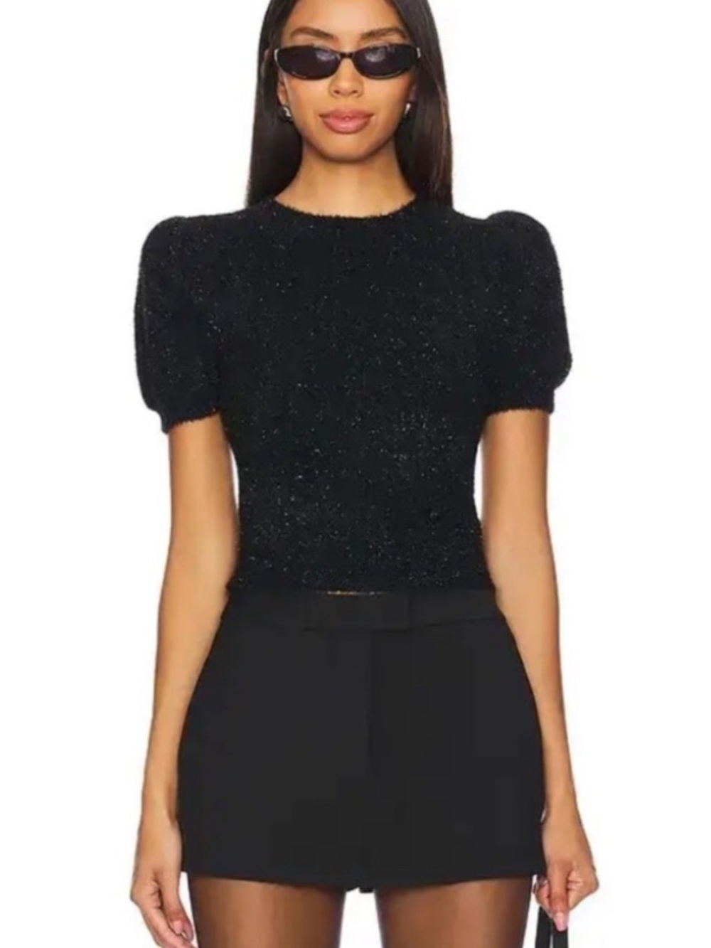 Alice + Olivia Black Sparkle Puff Sleeve Short Sleeve Top
